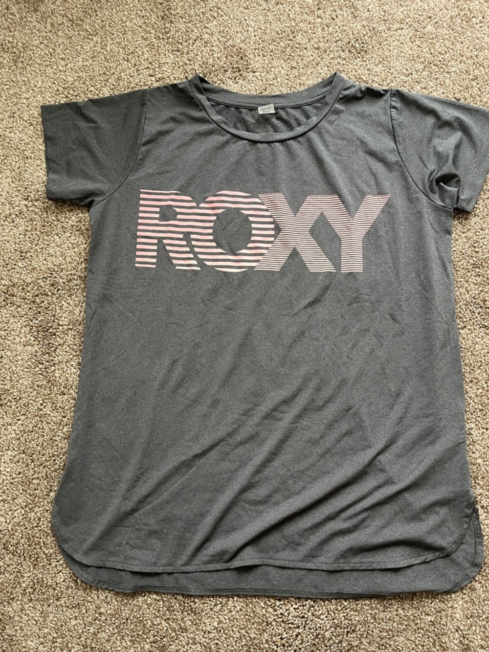 Roxy Charcoal Tee with Pink Striped Logo